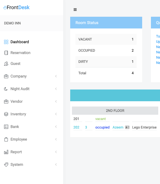 FrontDesk dashboard showing room status and the module list